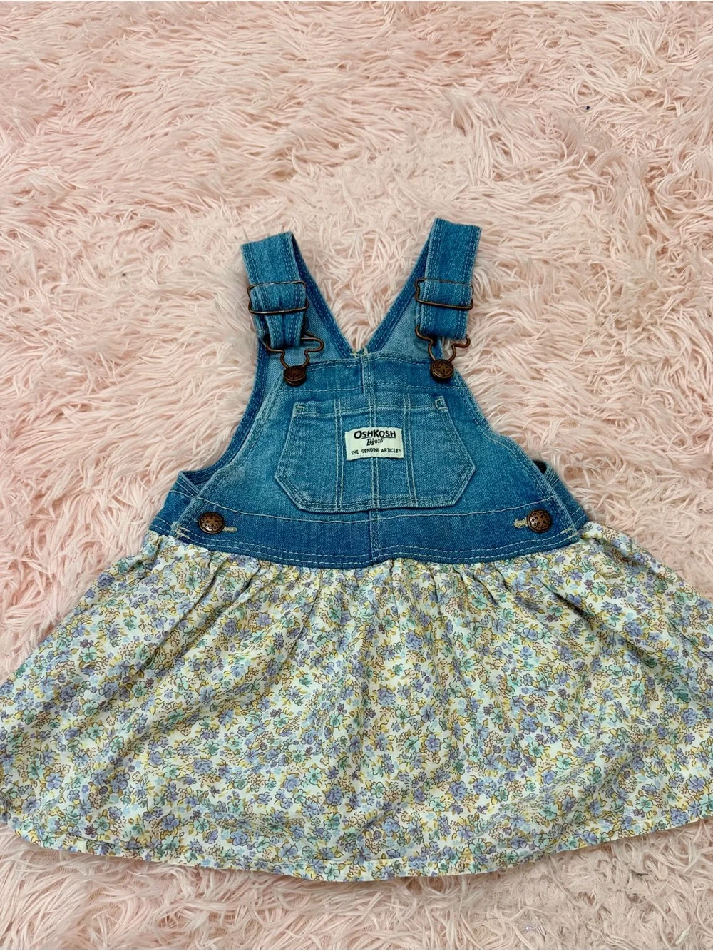OshKosh B'gosh Blue Denim Bib Overall Dress with Floral Skirt